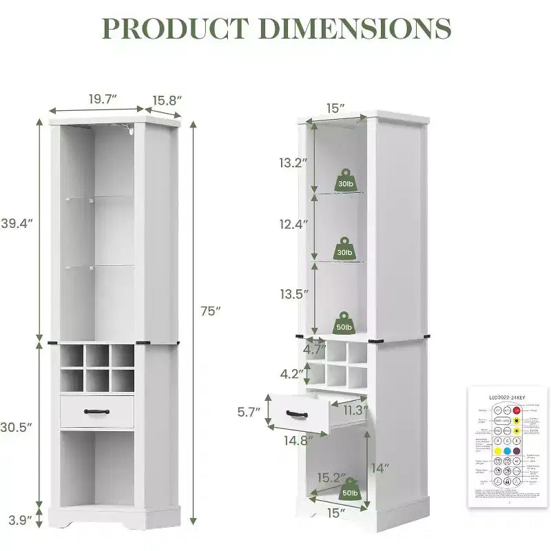 Armadio contenitore alto 75 pollici con luce a LED, credenza da dispensa in stile rustico con vetro temperato, ripiani regolabili, portabottiglie per vino