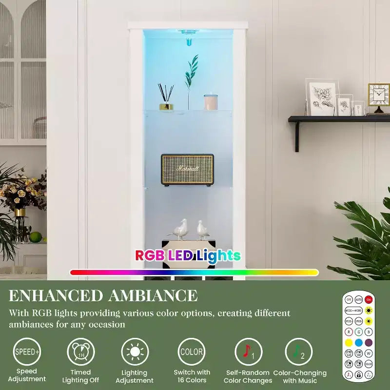Armadio contenitore alto 75 pollici con luce a LED, credenza da dispensa in stile rustico con vetro temperato, ripiani regolabili, portabottiglie per vino