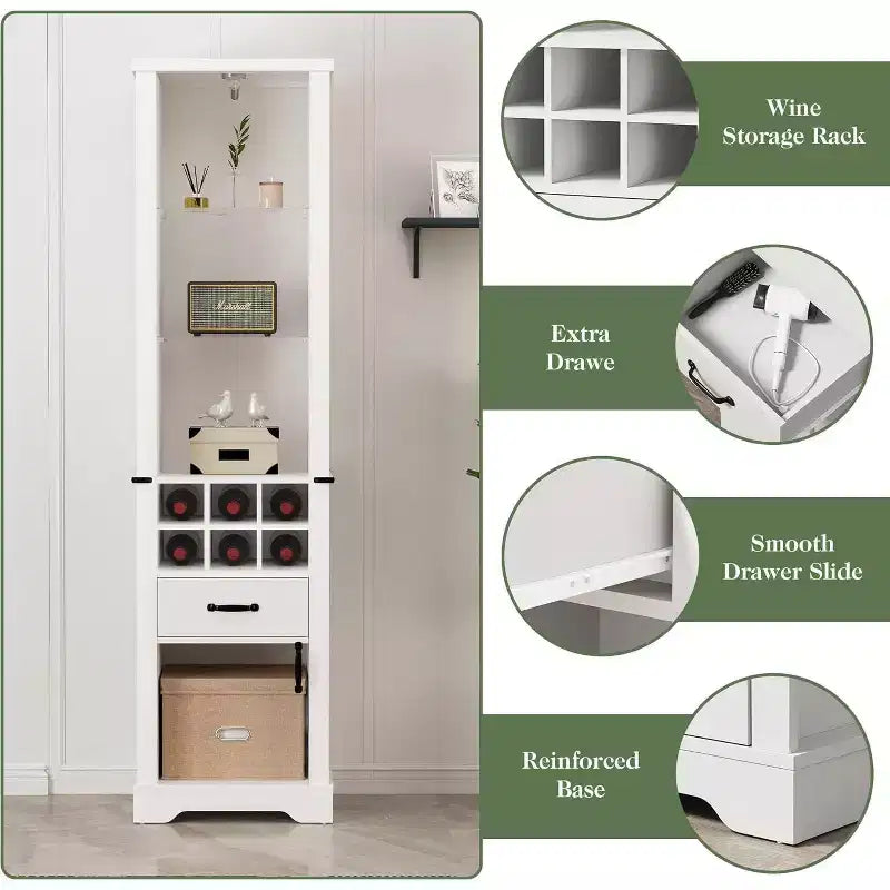 Armadio contenitore alto 75 pollici con luce a LED, credenza da dispensa in stile rustico con vetro temperato, ripiani regolabili, portabottiglie per vino