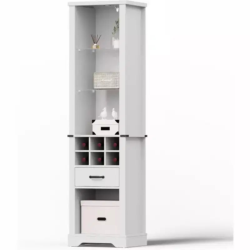 Armadio contenitore alto 75 pollici con luce a LED, credenza da dispensa in stile rustico con vetro temperato, ripiani regolabili, portabottiglie per vino
