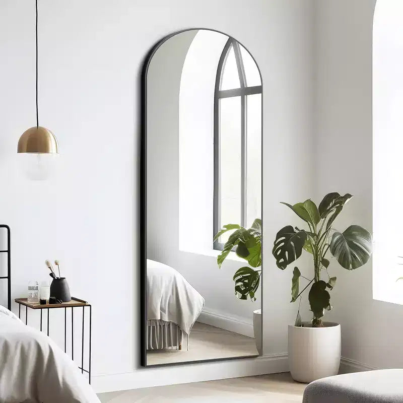 Grand Right-Angled Floor Mirror: 70.2x31.2, Carved Wood Design, Black, Full-Length, Bracket Included