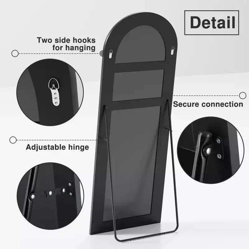 Grande specchio da terra ad angolo retto: 70.2x31.2, design in legno intagliato, nero, a figura intera, staffa inclusa