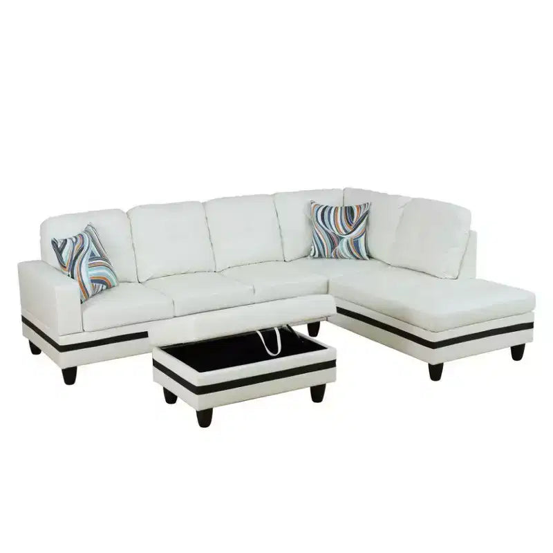 Divano componibile moderno in pelle PU con ampia forma a L, cuscini soffici, pouf contenitore, arredamento contemporaneo per soggiorno
