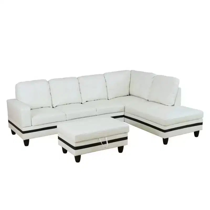 Divano componibile moderno in pelle PU con ampia forma a L, cuscini soffici, pouf contenitore, arredamento contemporaneo per soggiorno