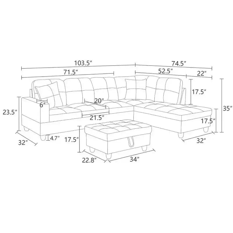 Divano componibile moderno in pelle PU con ampia forma a L, cuscini soffici, pouf contenitore, arredamento contemporaneo per soggiorno