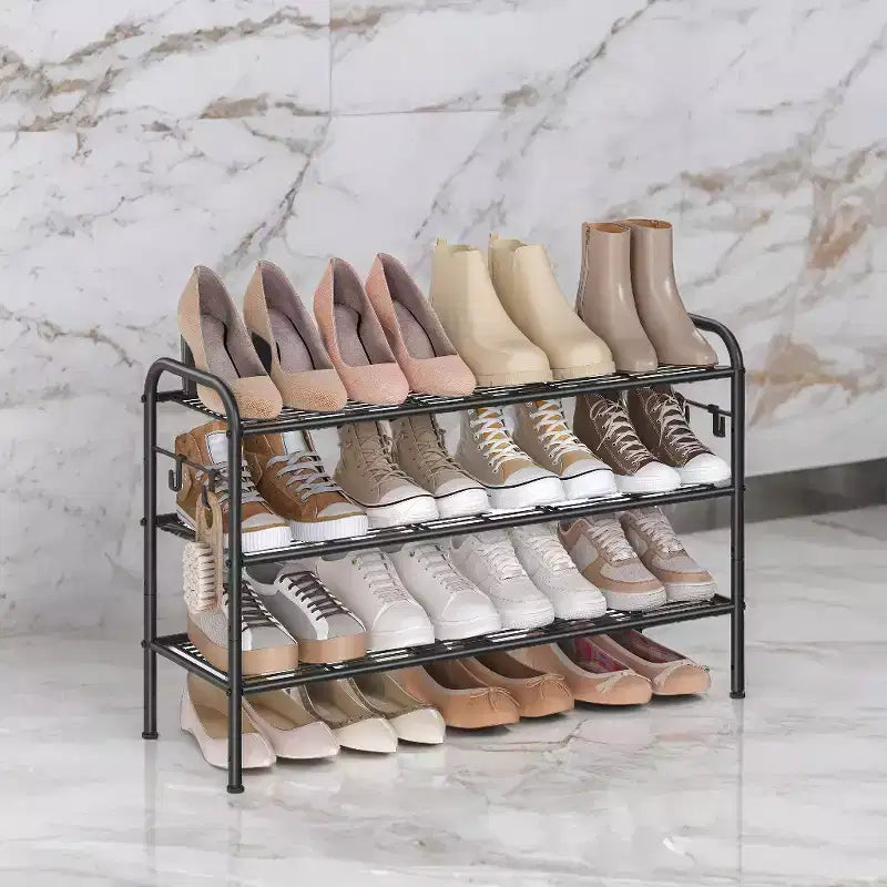 LEDREM Shoe Rack, 3-Tier Shoe Organizer, Metal Shoe Shelf Storage with 4 Side Hooks, Height-Adjustable Shoe Rack , Closet, 11D x 33.5W x 20.8H