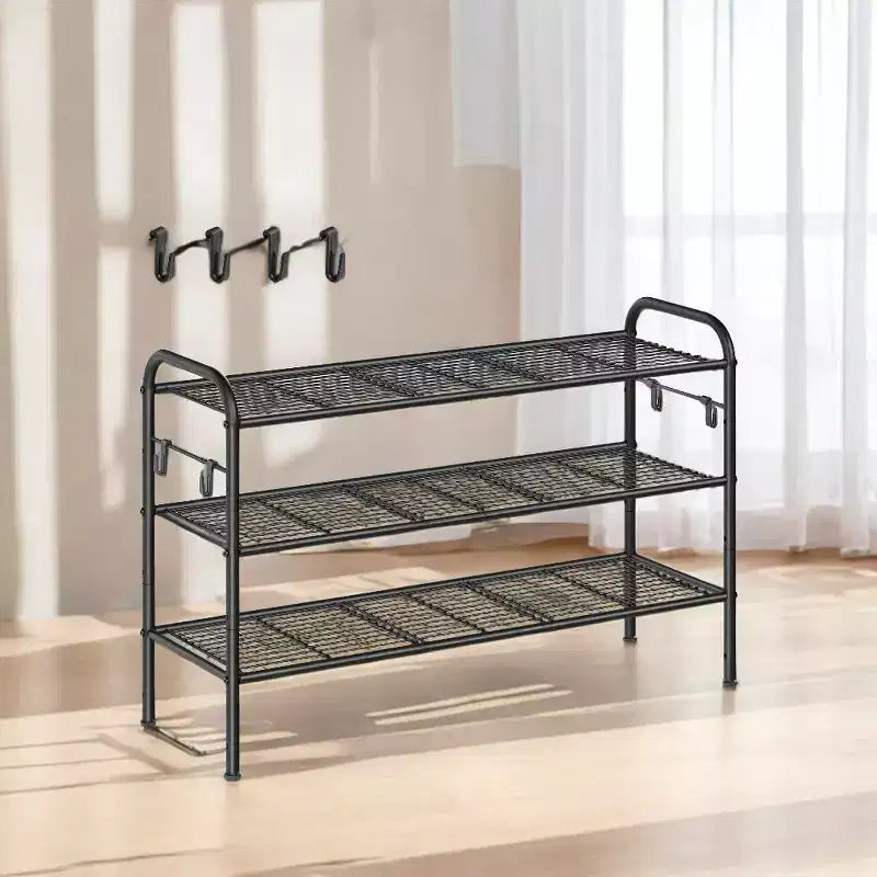 Scarpiera a 3 livelli Organizer per scarpe Scaffale per scarpe in metallo con 4 ganci laterali Scarpiera regolabile in altezza Armadio 11D x 33.5W x 20.8H