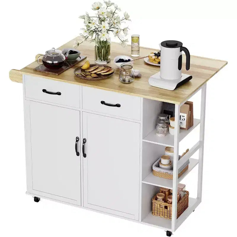 Tavolo da Cucina con Isola Top in Legno 43W con 2 Armadietti a 2 Ante 2 Cassetti Porta Spezie