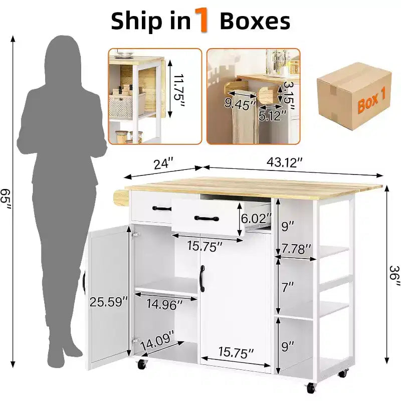 Tavolo da Cucina con Isola Top in Legno 43W con 2 Armadietti a 2 Ante 2 Cassetti Porta Spezie