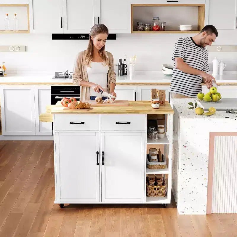 Tavolo da Cucina con Isola Top in Legno 43W con 2 Armadietti a 2 Ante 2 Cassetti Porta Spezie