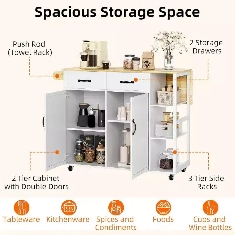 Tavolo da Cucina con Isola Top in Legno 43W con 2 Armadietti a 2 Ante 2 Cassetti Porta Spezie