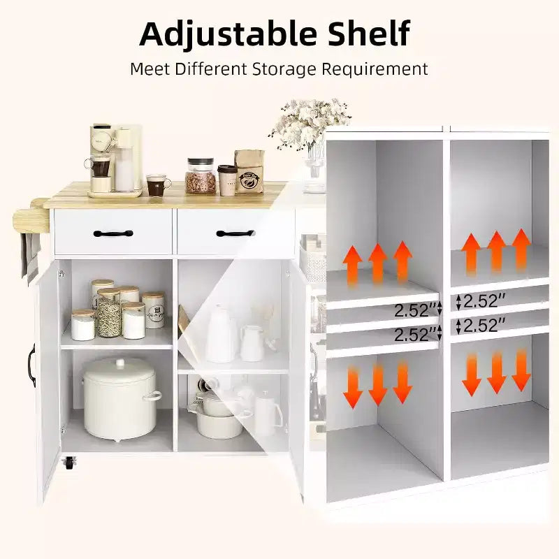 Tavolo da Cucina con Isola Top in Legno 43W con 2 Armadietti a 2 Ante 2 Cassetti Porta Spezie