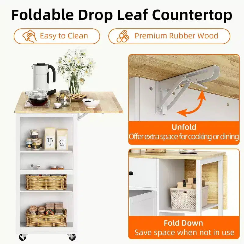 Tavolo da Cucina con Isola Top in Legno 43W con 2 Armadietti a 2 Ante 2 Cassetti Porta Spezie