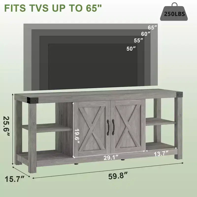 Mobile porta TV per TV da 65 pollici, Centro di intrattenimento da 60 pollici con contenitore, Consolle porta TV da fattoria con ripiani, Mobile multimediale in legno con ante