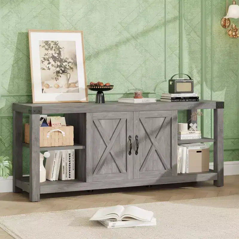 Mobile porta TV per TV da 65 pollici, Centro di intrattenimento da 60 pollici con contenitore, Consolle porta TV da fattoria con ripiani, Mobile multimediale in legno con ante