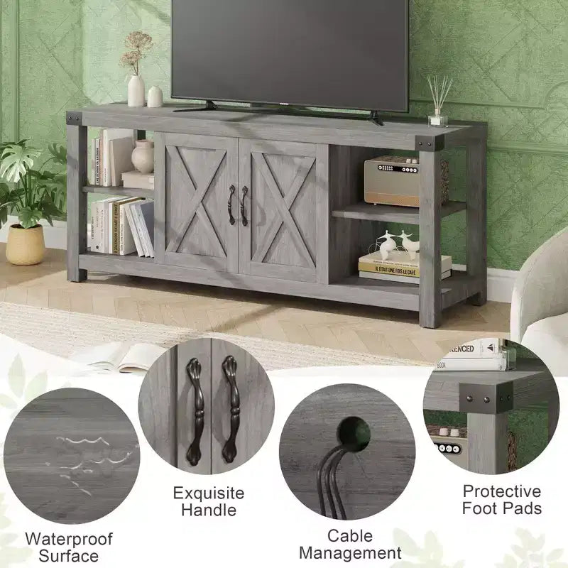 Mobile porta TV per TV da 65 pollici, Centro di intrattenimento da 60 pollici con contenitore, Consolle porta TV da fattoria con ripiani, Mobile multimediale in legno con ante