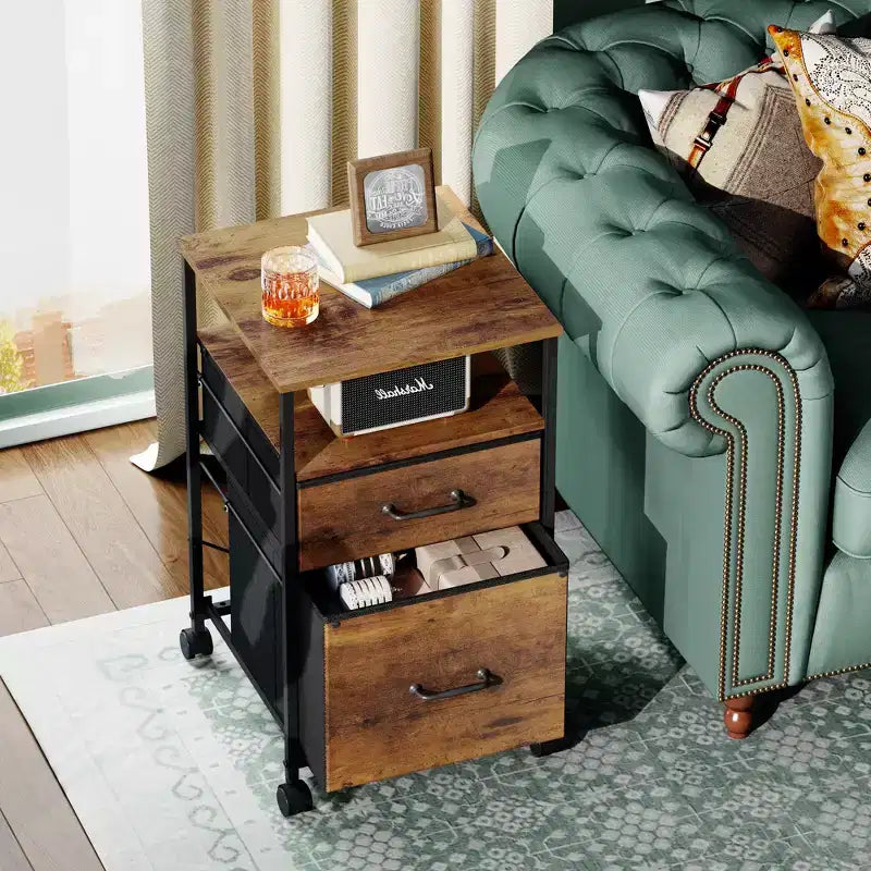 Mobile Cassettiera a 2 Cassetti con Ripiano Aperto, Supporto Stampante su Ruote per Ufficio Domestico, Adatta per Formato A4, Venatura del Legno Marrone Rustico
