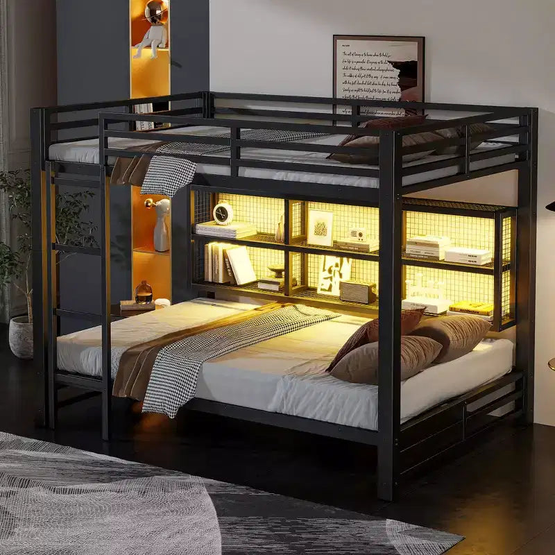 Letto a castello matrimoniale in metallo con armadietti e LED nero