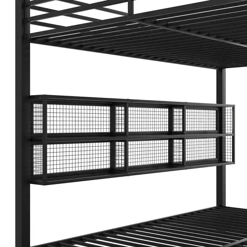 Letto a castello matrimoniale in metallo con armadietti e LED nero
