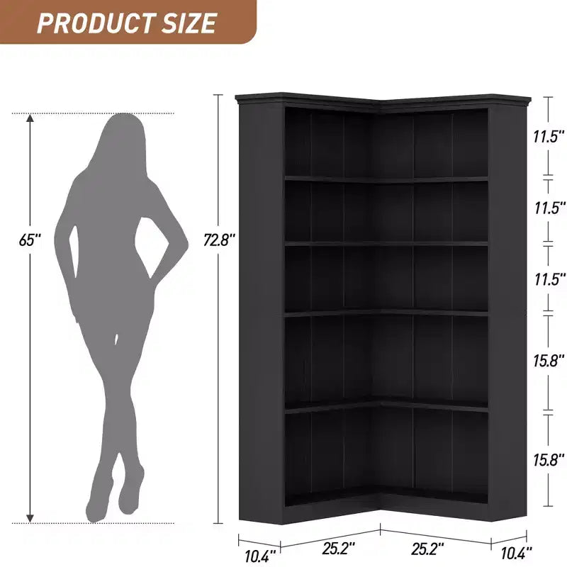 Libreria angolare a 5 ripiani a forma di L da 72", in legno, con deflettori, espositore aperto indipendente, scaffale angolare moderno