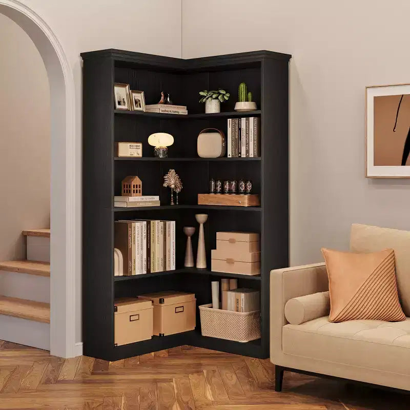 Libreria angolare a 5 ripiani a forma di L da 72", in legno, con deflettori, espositore aperto indipendente, scaffale angolare moderno