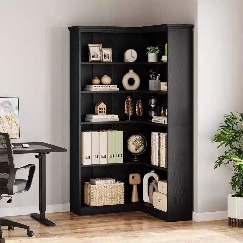 Libreria angolare a 5 ripiani a forma di L da 72", in legno, con deflettori, espositore aperto indipendente, scaffale angolare moderno
