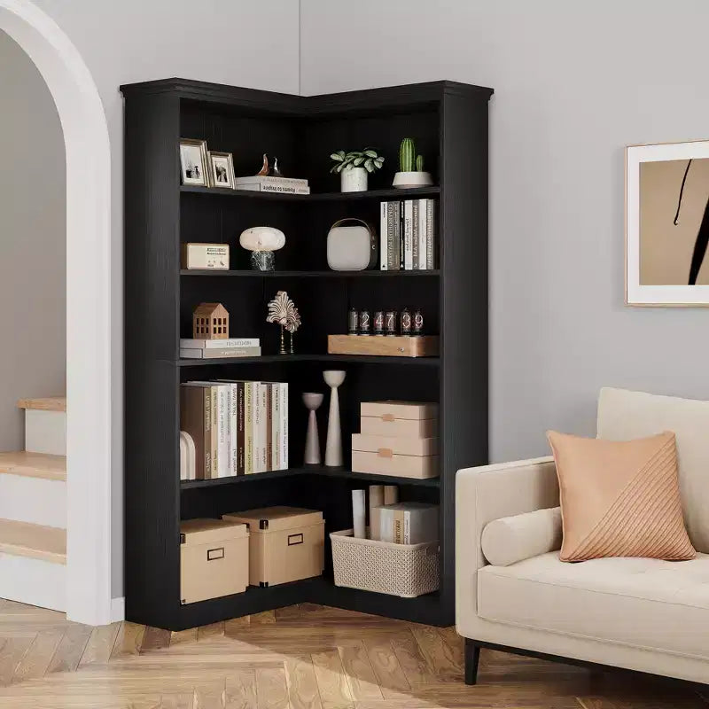 Libreria angolare a 5 ripiani a forma di L da 72", in legno, con deflettori, espositore aperto indipendente, scaffale angolare moderno