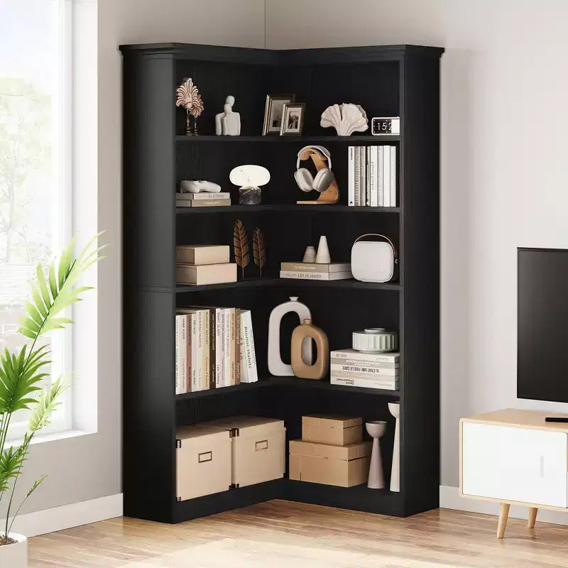 Libreria angolare a 5 ripiani a forma di L da 72", in legno, con deflettori, espositore aperto indipendente, scaffale angolare moderno