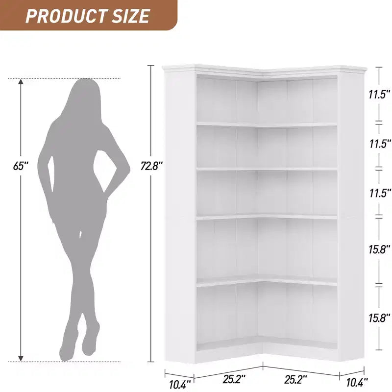 Libreria angolare a 5 ripiani a forma di L da 72", in legno, con deflettori, espositore aperto indipendente, scaffale angolare moderno
