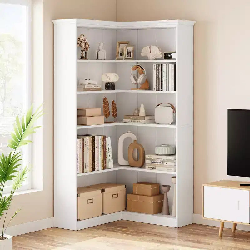 Libreria angolare a 5 ripiani a forma di L da 72", in legno, con deflettori, espositore aperto indipendente, scaffale angolare moderno