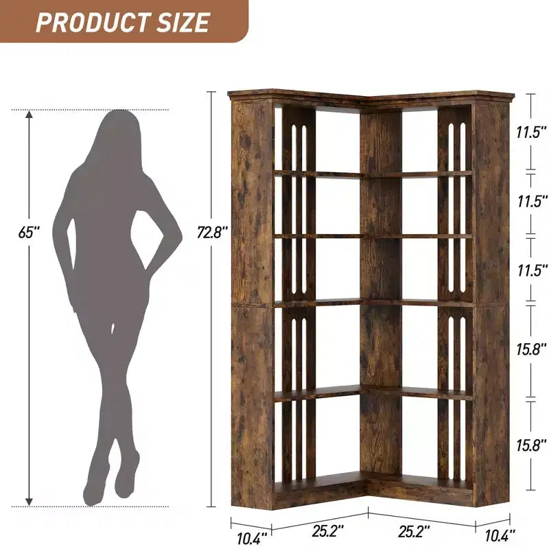 Libreria angolare a 5 ripiani a forma di L da 72", in legno, con deflettori, espositore aperto indipendente, scaffale angolare moderno