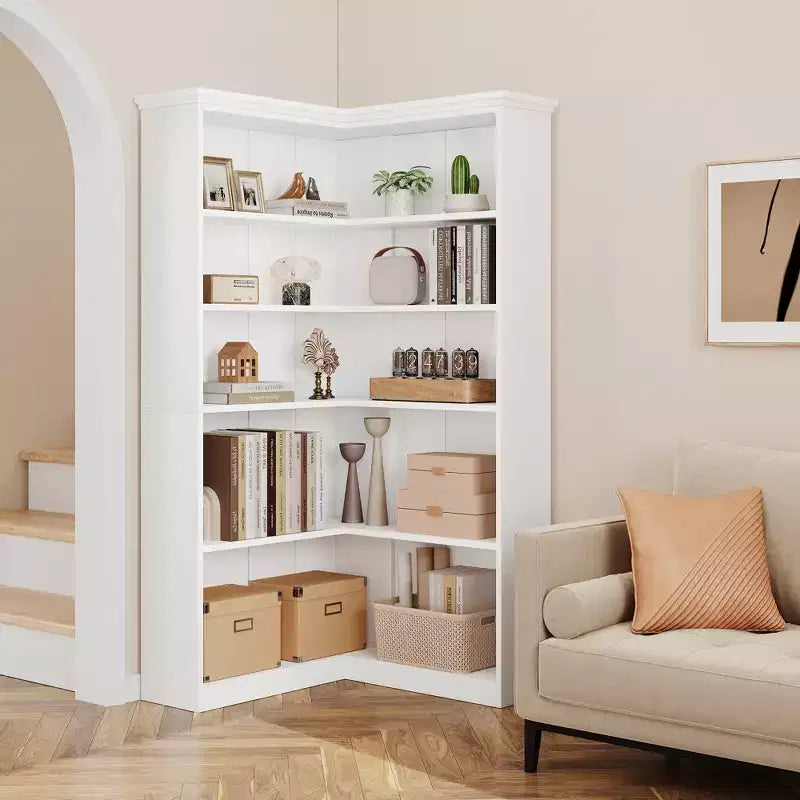 Libreria angolare a 5 ripiani a forma di L da 72", in legno, con deflettori, espositore aperto indipendente, scaffale angolare moderno