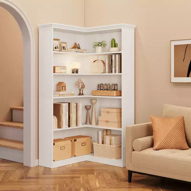 Libreria angolare a 5 ripiani a forma di L da 72", in legno, con deflettori, espositore aperto indipendente, scaffale angolare moderno