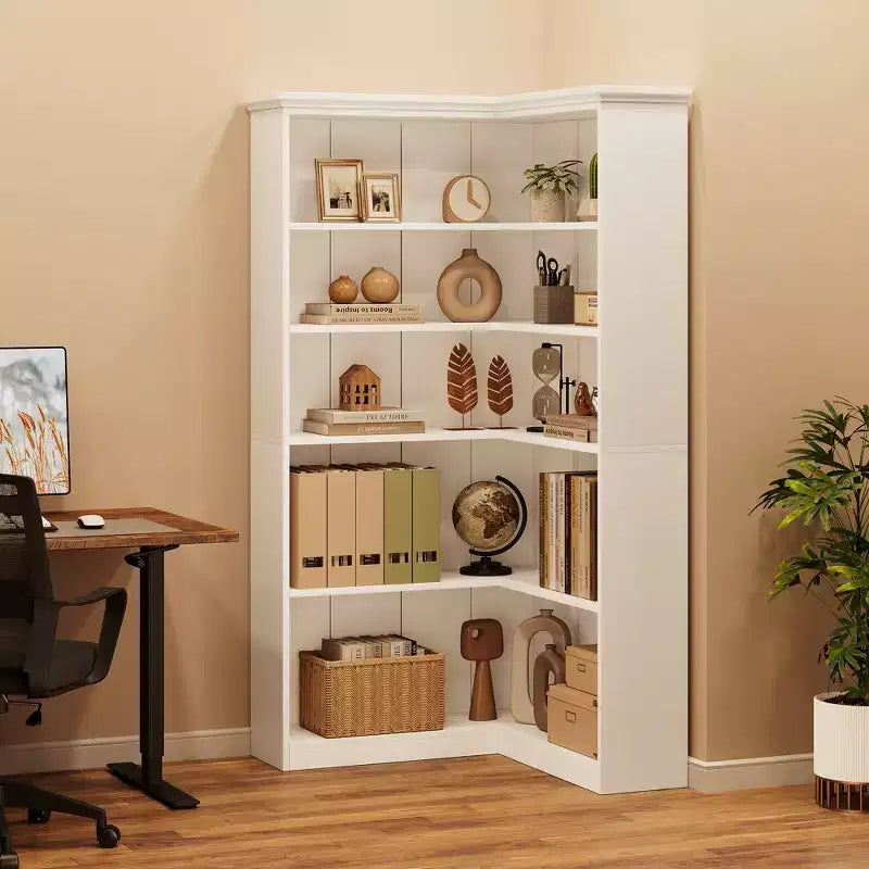 Libreria angolare a 5 ripiani a forma di L da 72", in legno, con deflettori, espositore aperto indipendente, scaffale angolare moderno