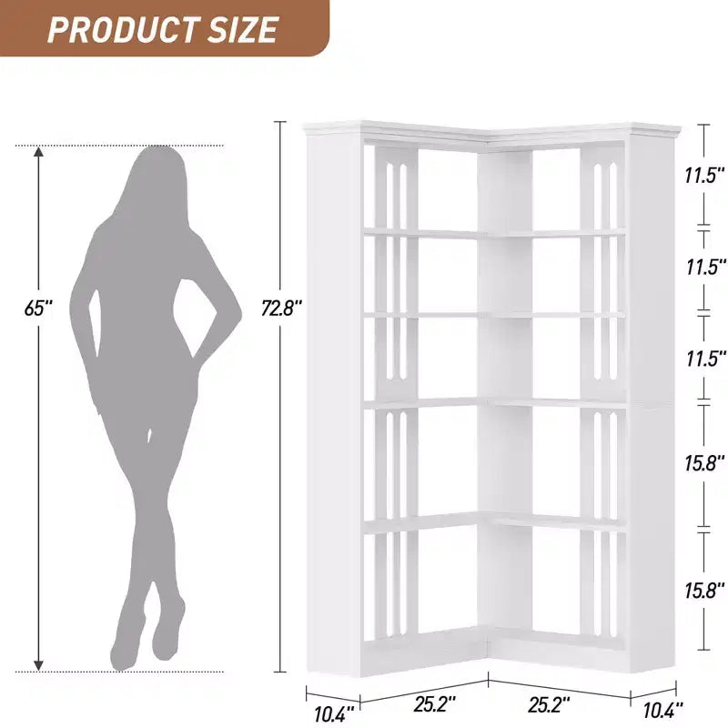 Libreria angolare a 5 ripiani a forma di L da 72", in legno, con deflettori, espositore aperto indipendente, scaffale angolare moderno