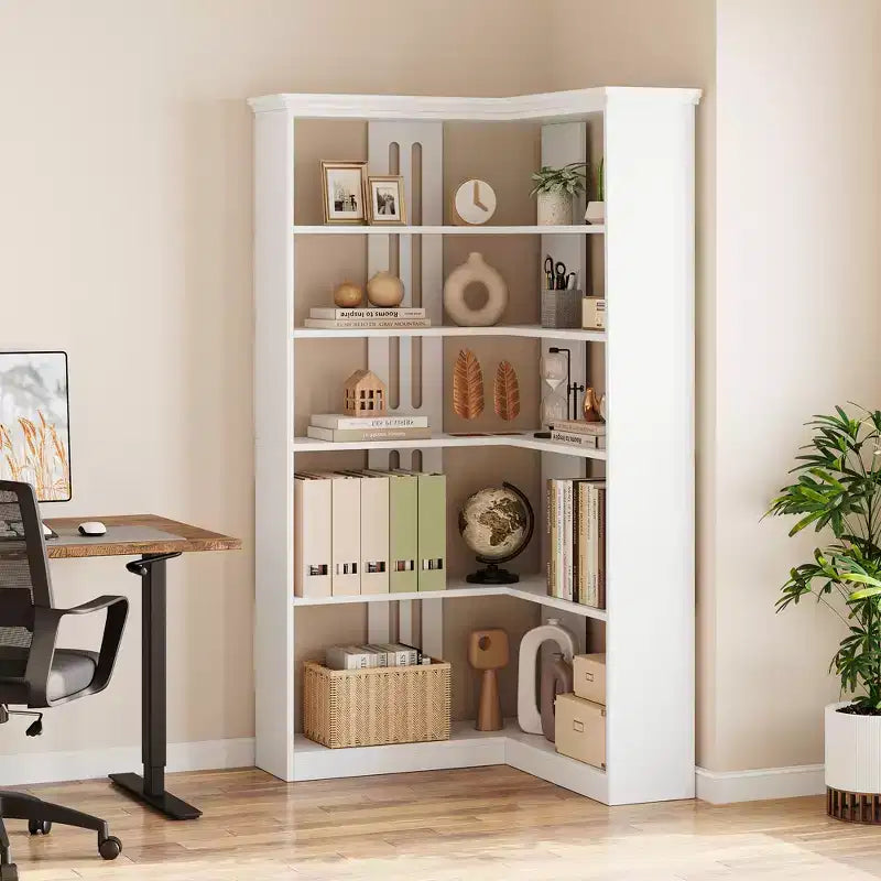Libreria angolare a 5 ripiani a forma di L da 72", in legno, con deflettori, espositore aperto indipendente, scaffale angolare moderno