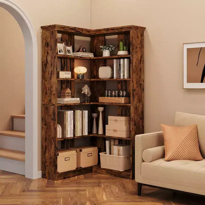 Libreria angolare a 5 ripiani a forma di L da 72", in legno, con deflettori, espositore aperto indipendente, scaffale angolare moderno