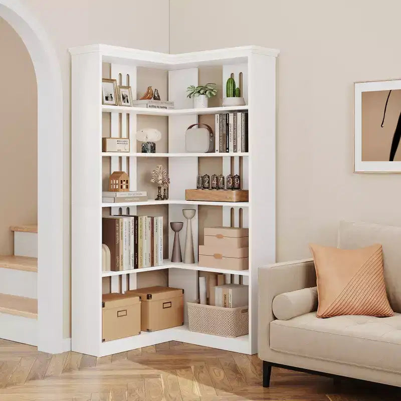 Libreria angolare a 5 ripiani a forma di L da 72", in legno, con deflettori, espositore aperto indipendente, scaffale angolare moderno