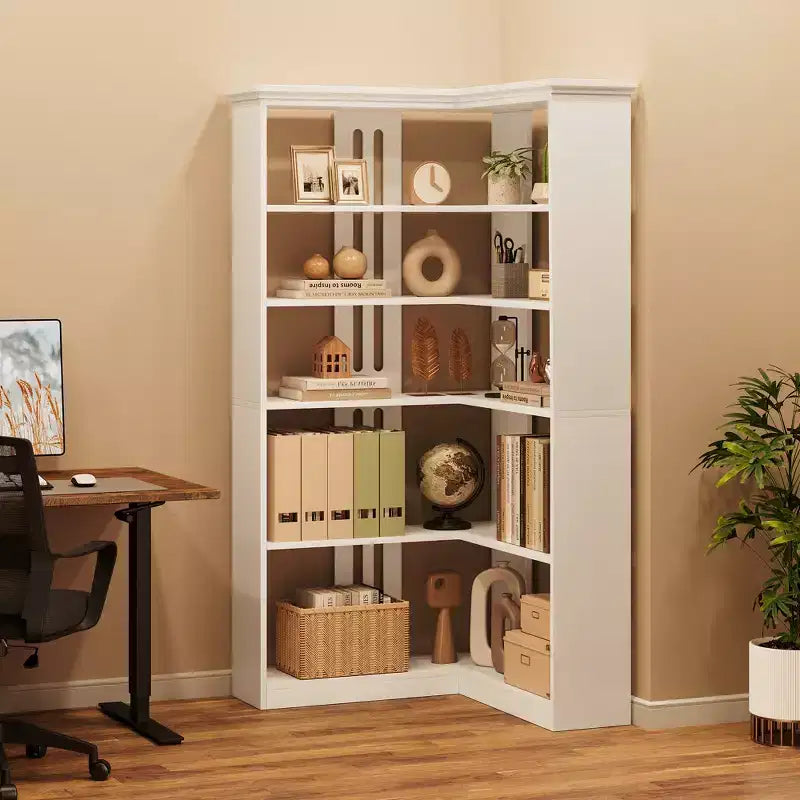 Libreria angolare a 5 ripiani a forma di L da 72", in legno, con deflettori, espositore aperto indipendente, scaffale angolare moderno