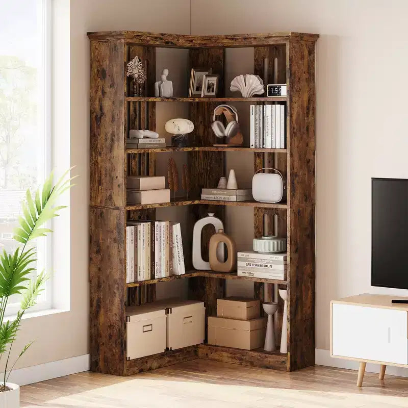Libreria angolare a 5 ripiani a forma di L da 72", in legno, con deflettori, espositore aperto indipendente, scaffale angolare moderno