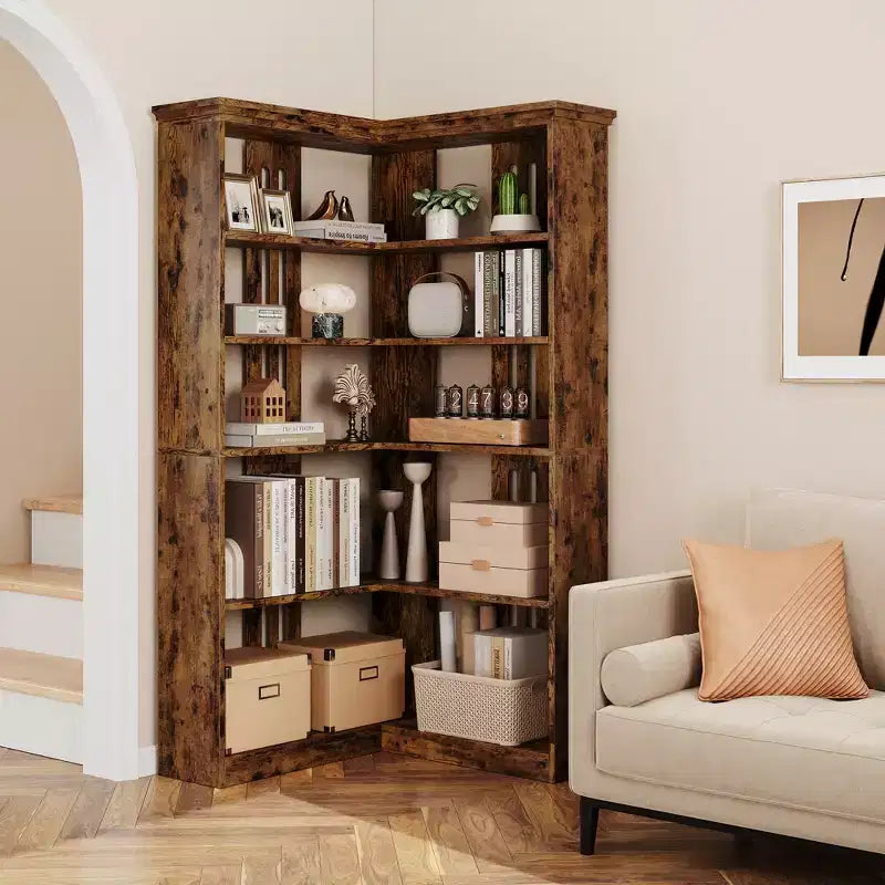 Libreria angolare a 5 ripiani a forma di L da 72", in legno, con deflettori, espositore aperto indipendente, scaffale angolare moderno