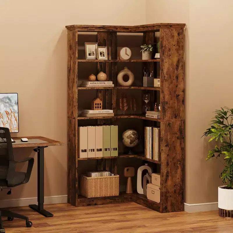 Libreria angolare a 5 ripiani a forma di L da 72", in legno, con deflettori, espositore aperto indipendente, scaffale angolare moderno