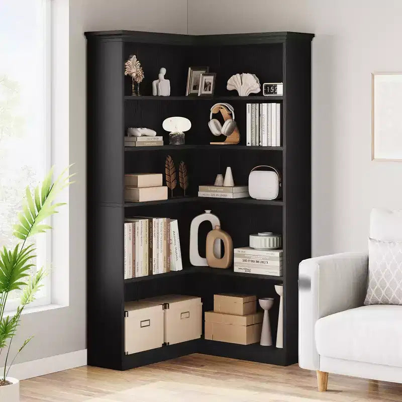 Libreria angolare a 5 ripiani a forma di L da 72", in legno, con deflettori, espositore aperto indipendente, scaffale angolare moderno