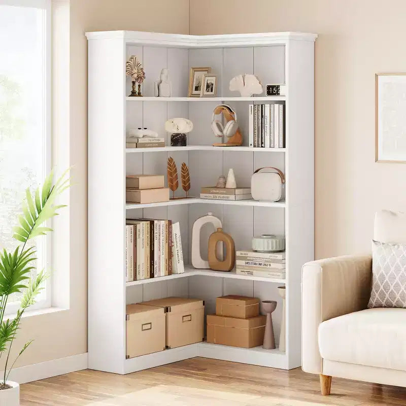 Libreria angolare a 5 ripiani a forma di L da 72", in legno, con deflettori, espositore aperto indipendente, scaffale angolare moderno