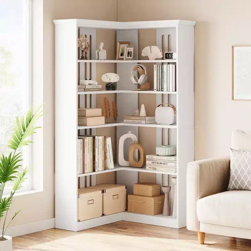 Libreria angolare a 5 ripiani a forma di L da 72", in legno, con deflettori, espositore aperto indipendente, scaffale angolare moderno