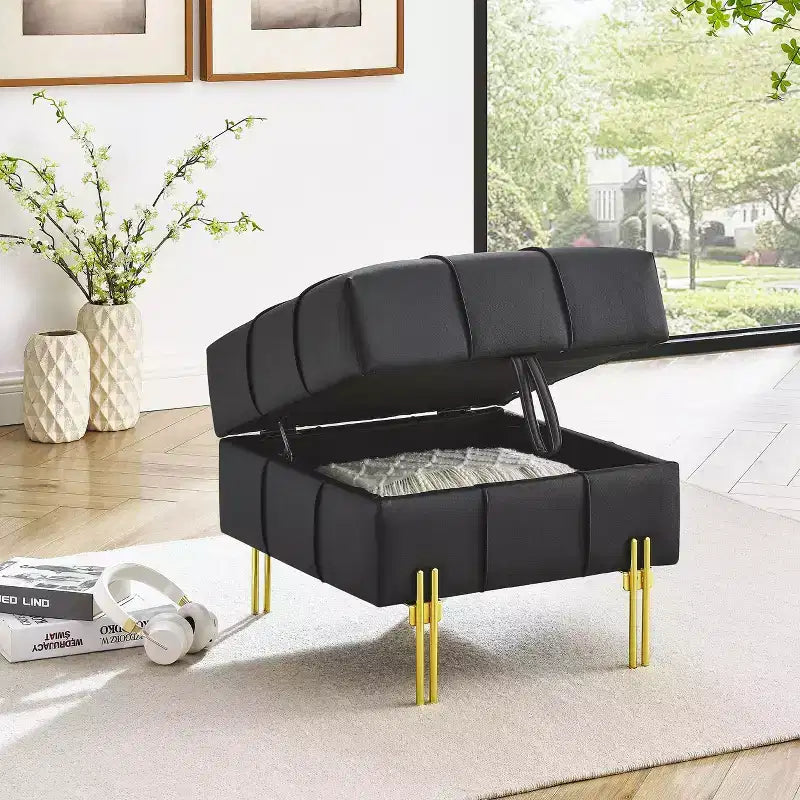 22 Pollici Pouf Contenitore in Pelle Antigraffio con Gambe in Acciaio Inox Dorato, Panchina da Ingresso Adatta agli Animali Domestici, Nero