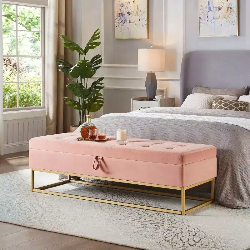 TUYOHW Metal Base with Storage Velvet Bench, Bed Bench for Living Room, Pink