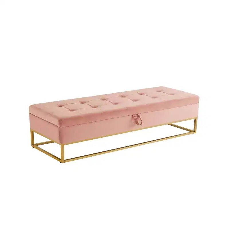 Panca in Velluto con Base in Metallo e Contenitore per Soggiorno, Rosa