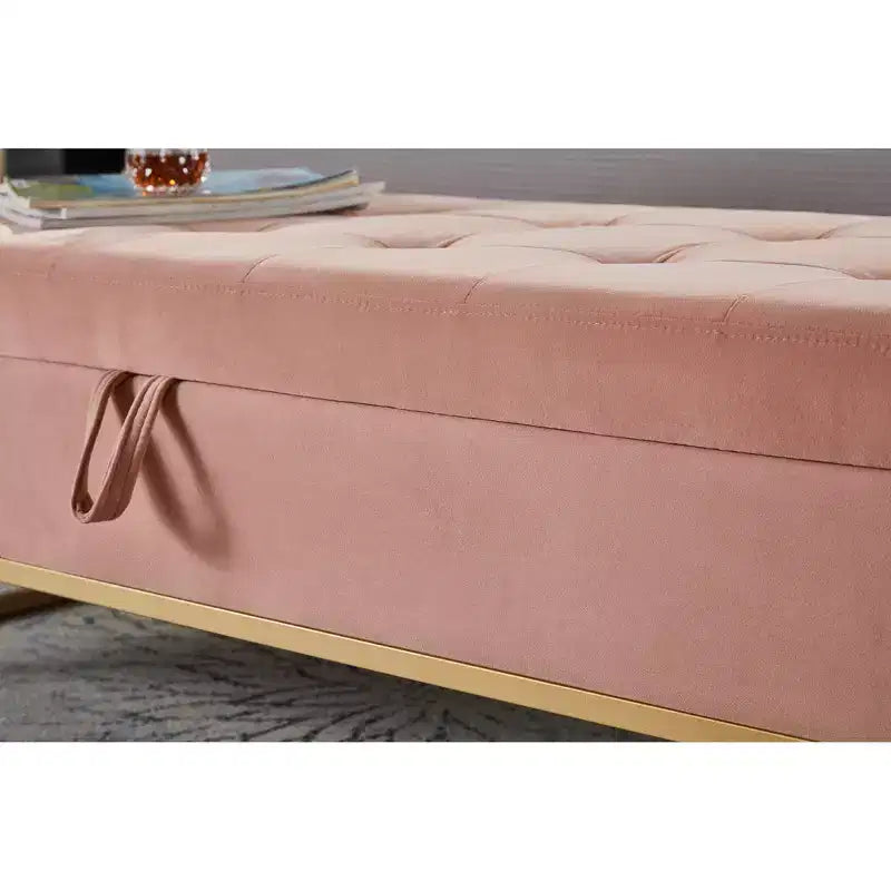 Panca in Velluto con Base in Metallo e Contenitore per Soggiorno, Rosa