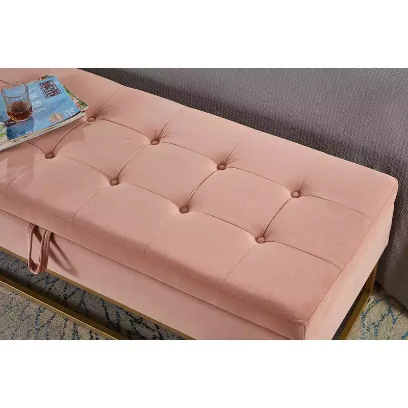 Panca in Velluto con Base in Metallo e Contenitore per Soggiorno, Rosa